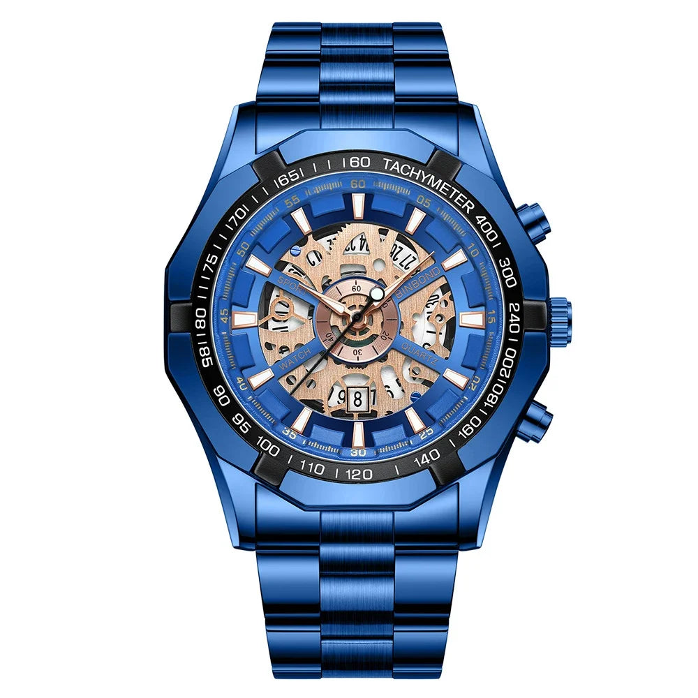 ⌚ BINBOND S033 – Montre Homme de Luxe en Acier Inoxydable Bleue & Étanche