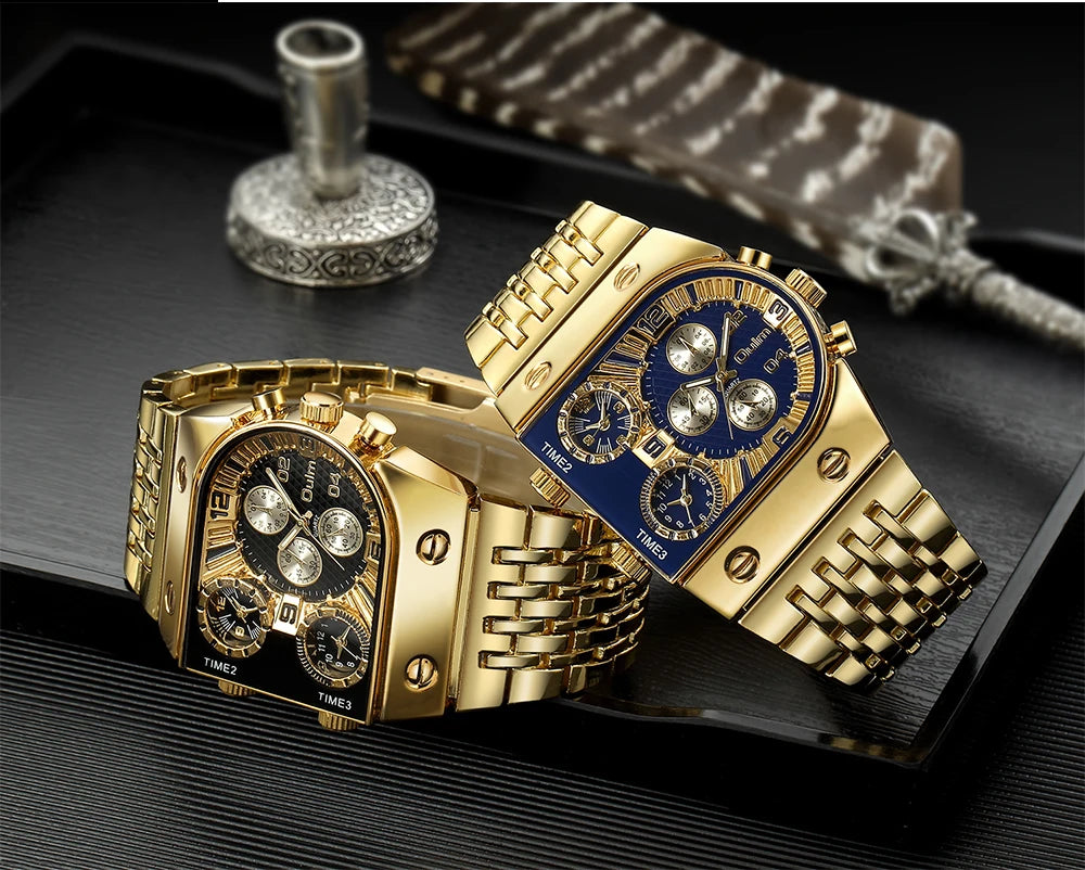 ⌚ Montre Oulm Unique – Design Carré Doré, Multi-Fuseaux Horaires & Style Militaire