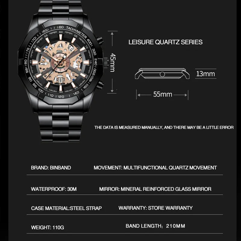 ⌚ BINBOND S033 – Montre Homme de Luxe en Acier Inoxydable Bleue & Étanche