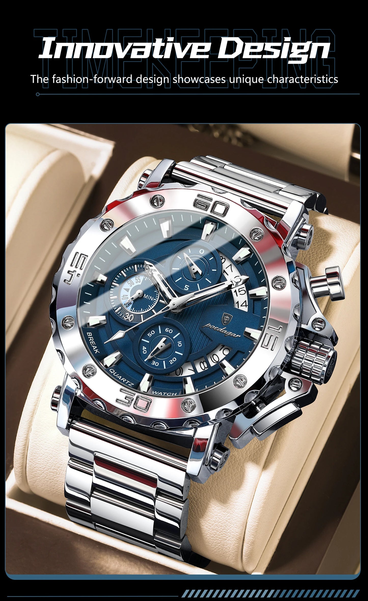 ⌚ POEDAGAR 892 – Montre Chronographe de Luxe pour Homme en Acier Inoxydable
