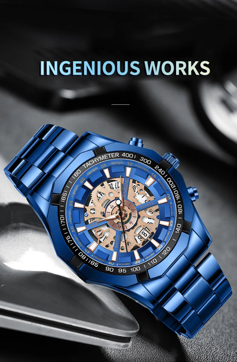 ⌚ BINBOND S033 – Montre Homme de Luxe en Acier Inoxydable Bleue & Étanche
