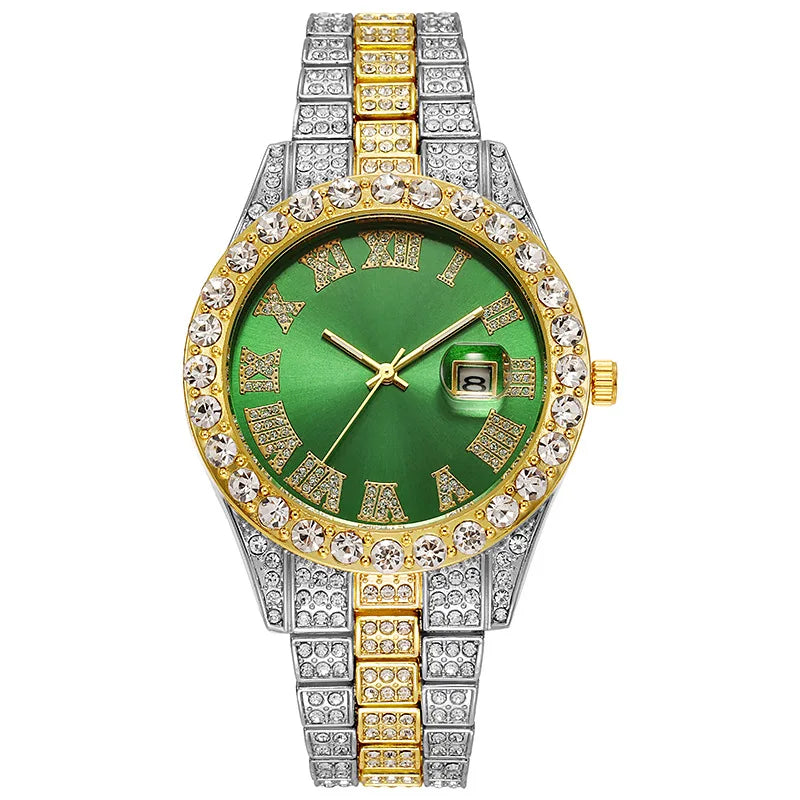 💎 Montre Homme Hip-Hop de Luxe – Acier Inoxydable Doré & Strass Brillants | TVK W1508