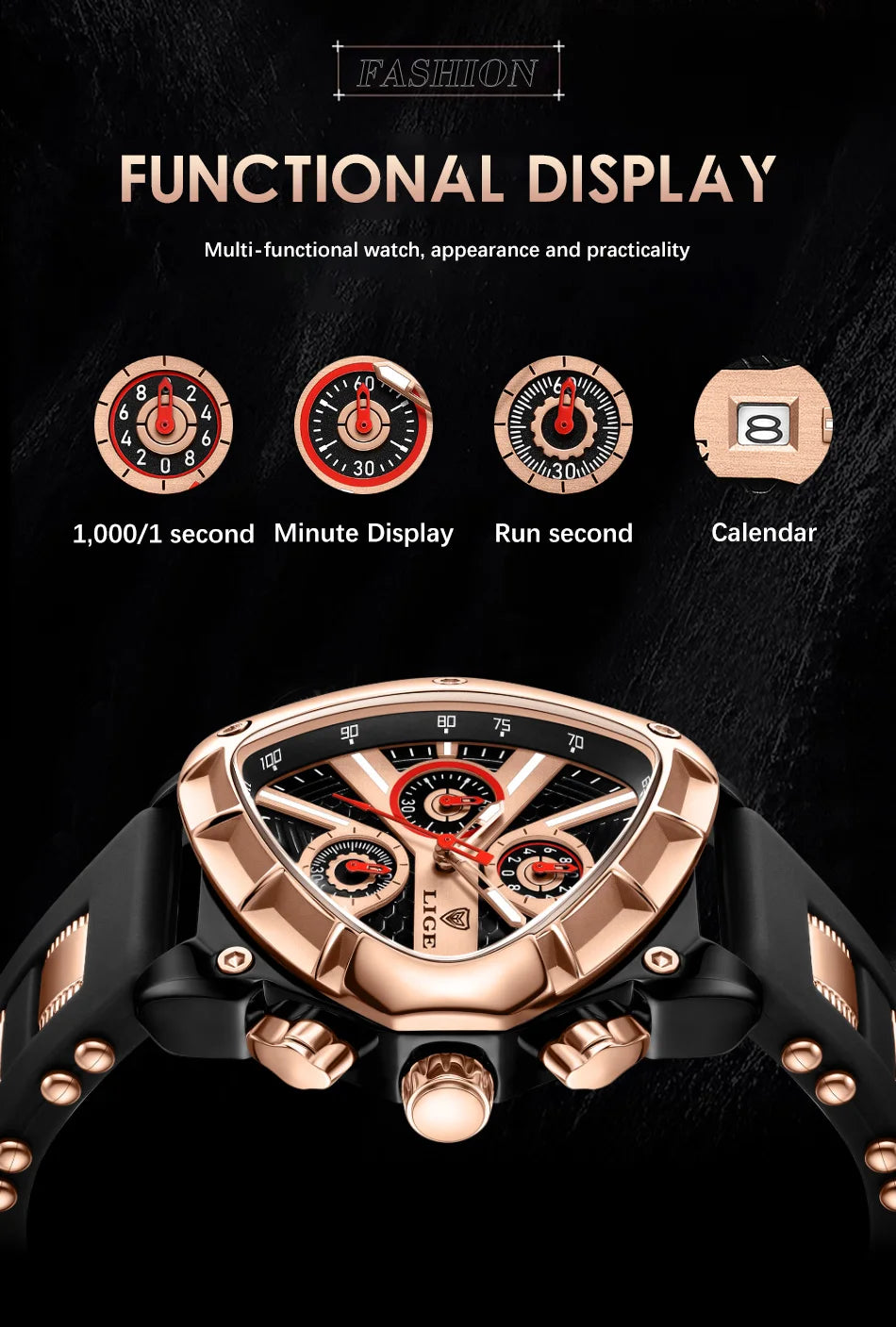 ⏱️ Montre Homme LIGE LG89103 – Design Triangulaire, Chronographe & Style Militaire Sport