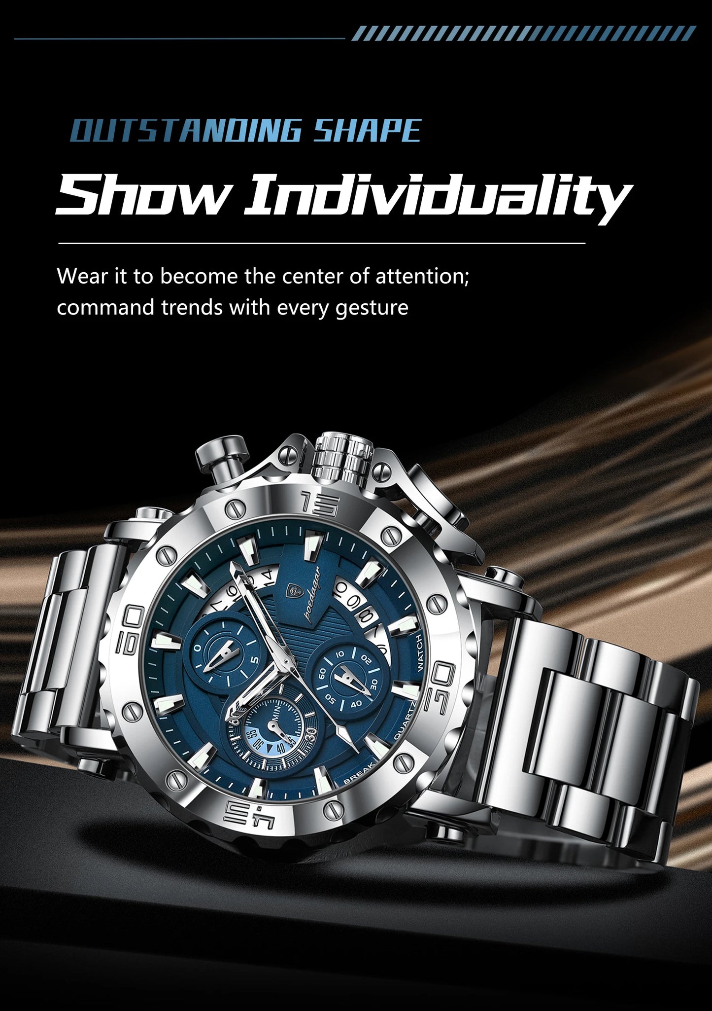 ⌚ POEDAGAR 892 – Montre Chronographe de Luxe pour Homme en Acier Inoxydable