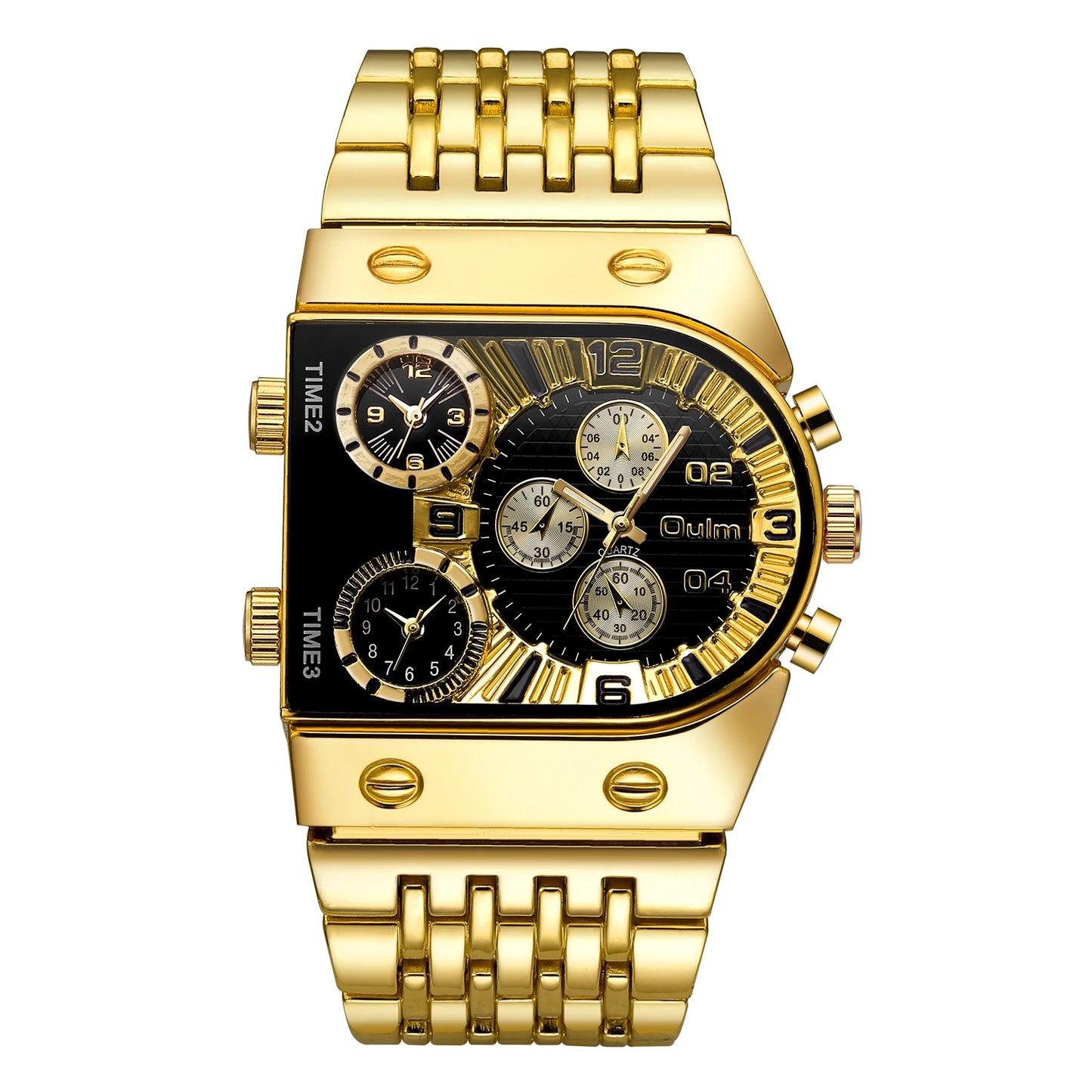 ⌚ Montre Oulm Unique – Design Carré Doré, Multi-Fuseaux Horaires & Style Militaire