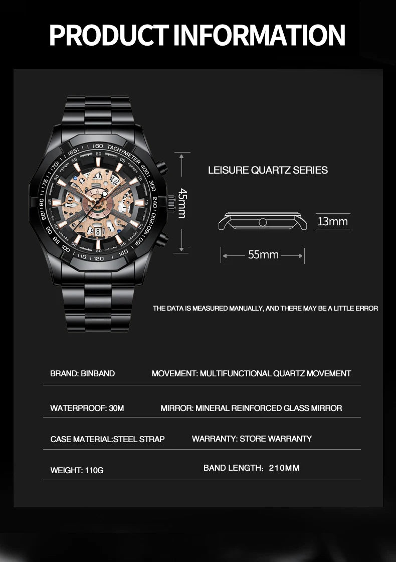 ⌚ BINBOND S033 – Montre Homme de Luxe en Acier Inoxydable Bleue & Étanche