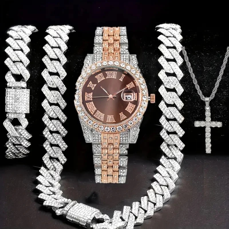 💎 Ensemble Luxe 4 Pièces Homme – Montre Bling & Chaîne Cubaine | RUNERR Edition