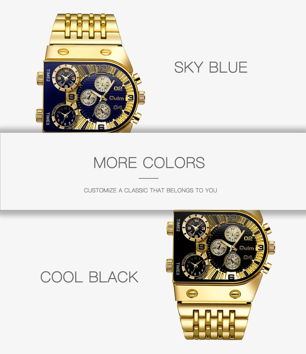 ⌚ Montre Oulm Unique – Design Carré Doré, Multi-Fuseaux Horaires & Style Militaire