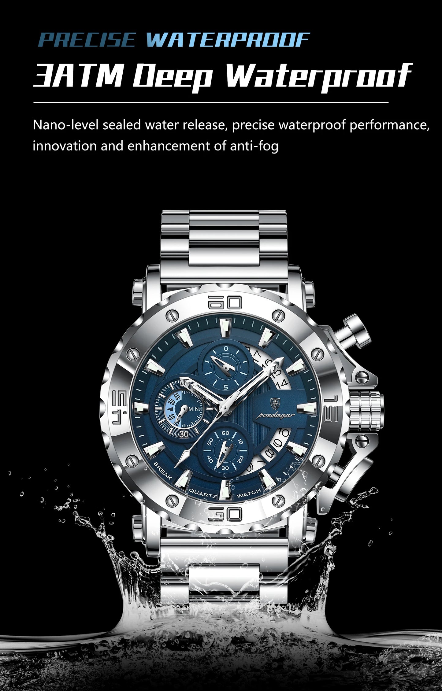 ⌚ POEDAGAR 892 – Montre Chronographe de Luxe pour Homme en Acier Inoxydable