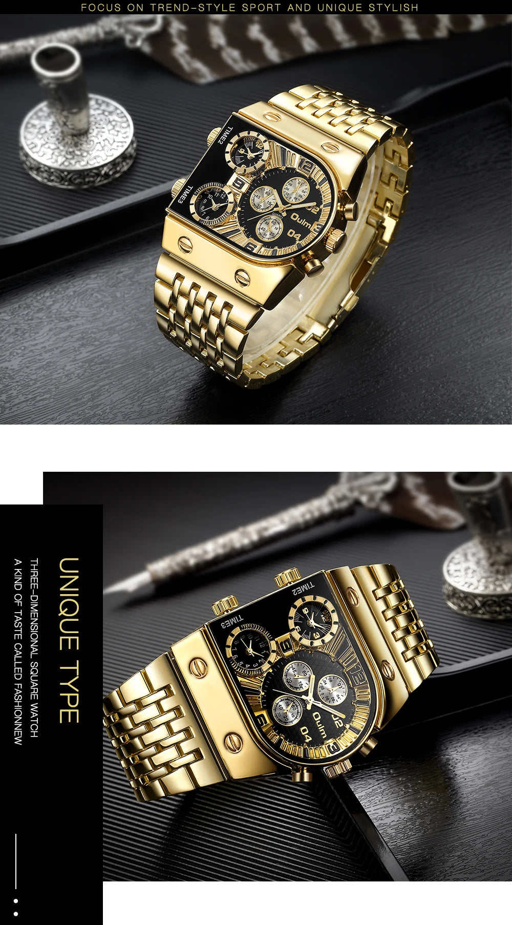 ⌚ Montre Oulm Unique – Design Carré Doré, Multi-Fuseaux Horaires & Style Militaire