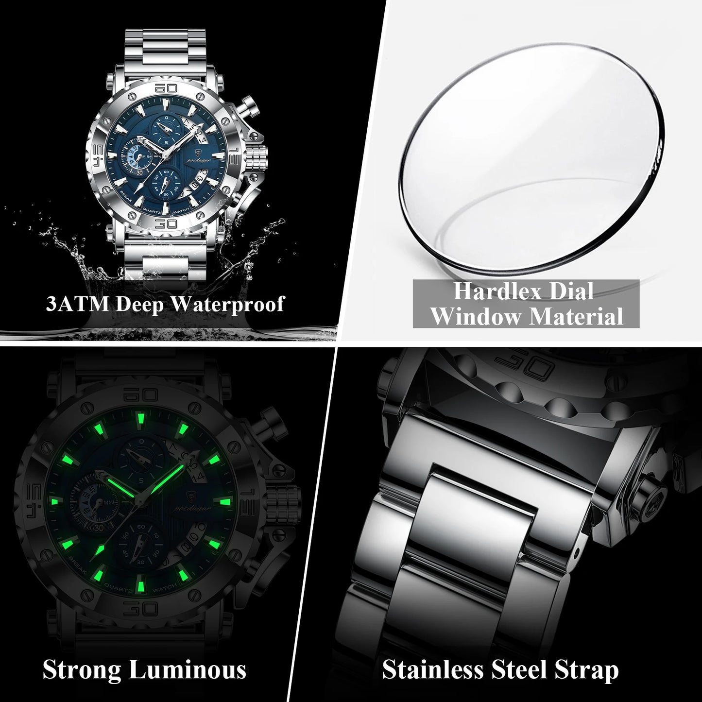 ⌚ POEDAGAR 892 – Montre Chronographe de Luxe pour Homme en Acier Inoxydable