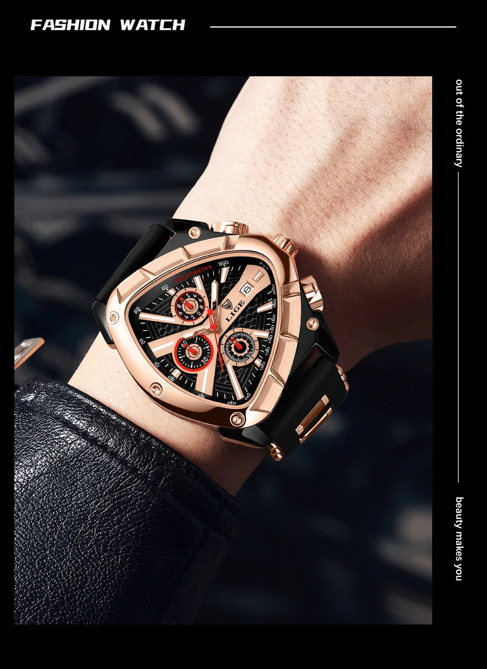 ⏱️ Montre Homme LIGE LG89103 – Design Triangulaire, Chronographe & Style Militaire Sport