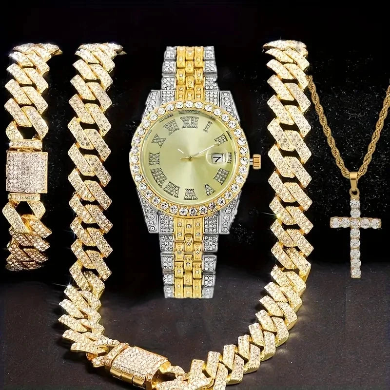 💎 Ensemble Luxe 4 Pièces Homme – Montre Bling & Chaîne Cubaine | RUNERR Edition