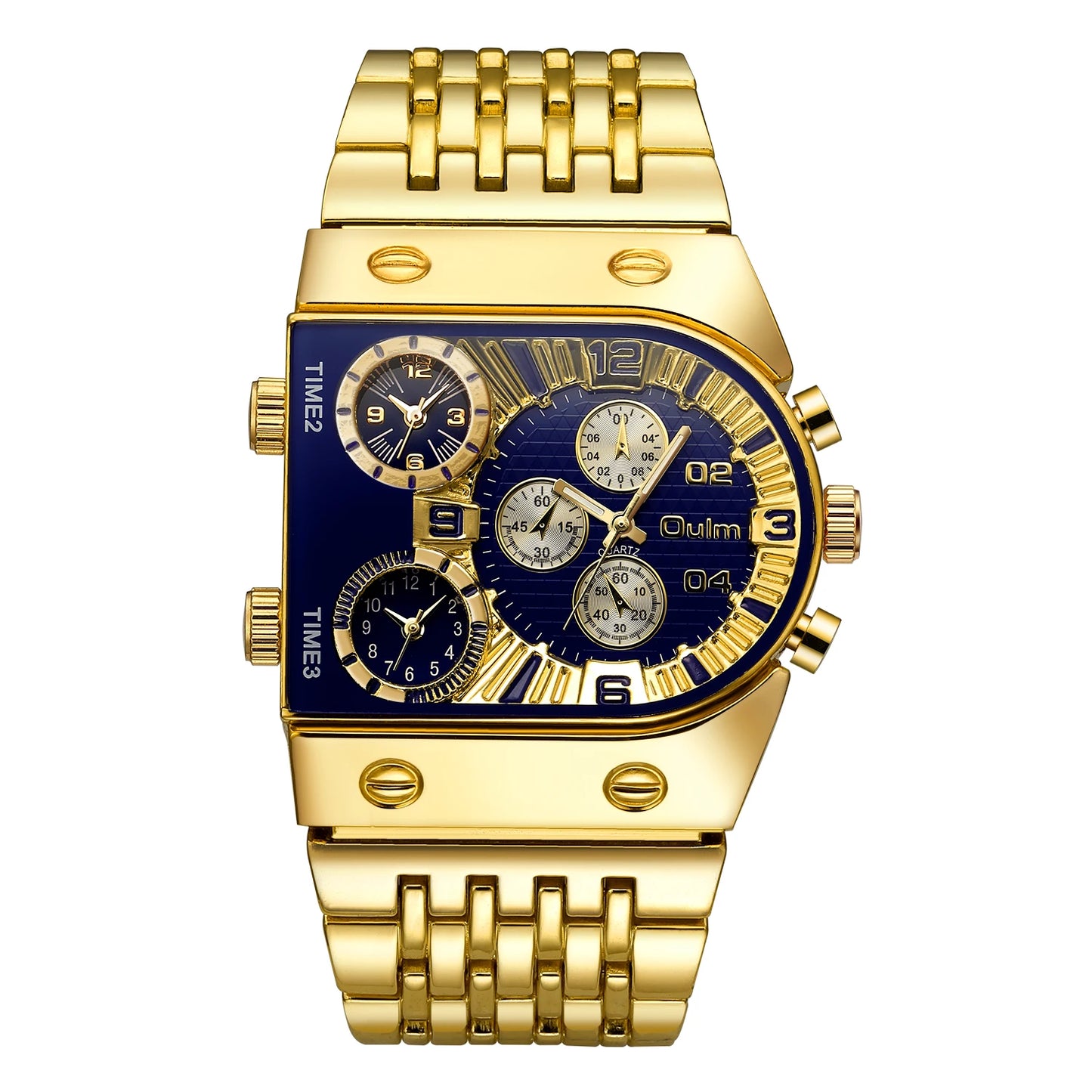 ⌚ Montre Oulm Unique – Design Carré Doré, Multi-Fuseaux Horaires & Style Militaire