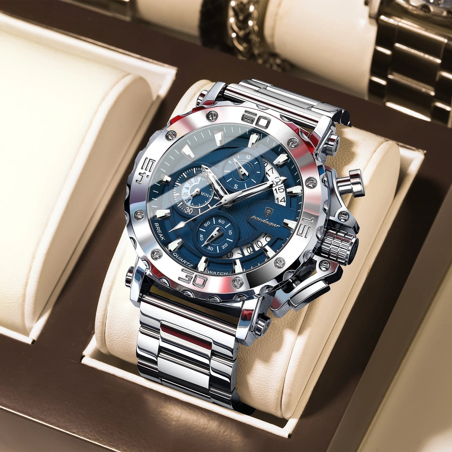 ⌚ POEDAGAR 892 – Montre Chronographe de Luxe pour Homme en Acier Inoxydable