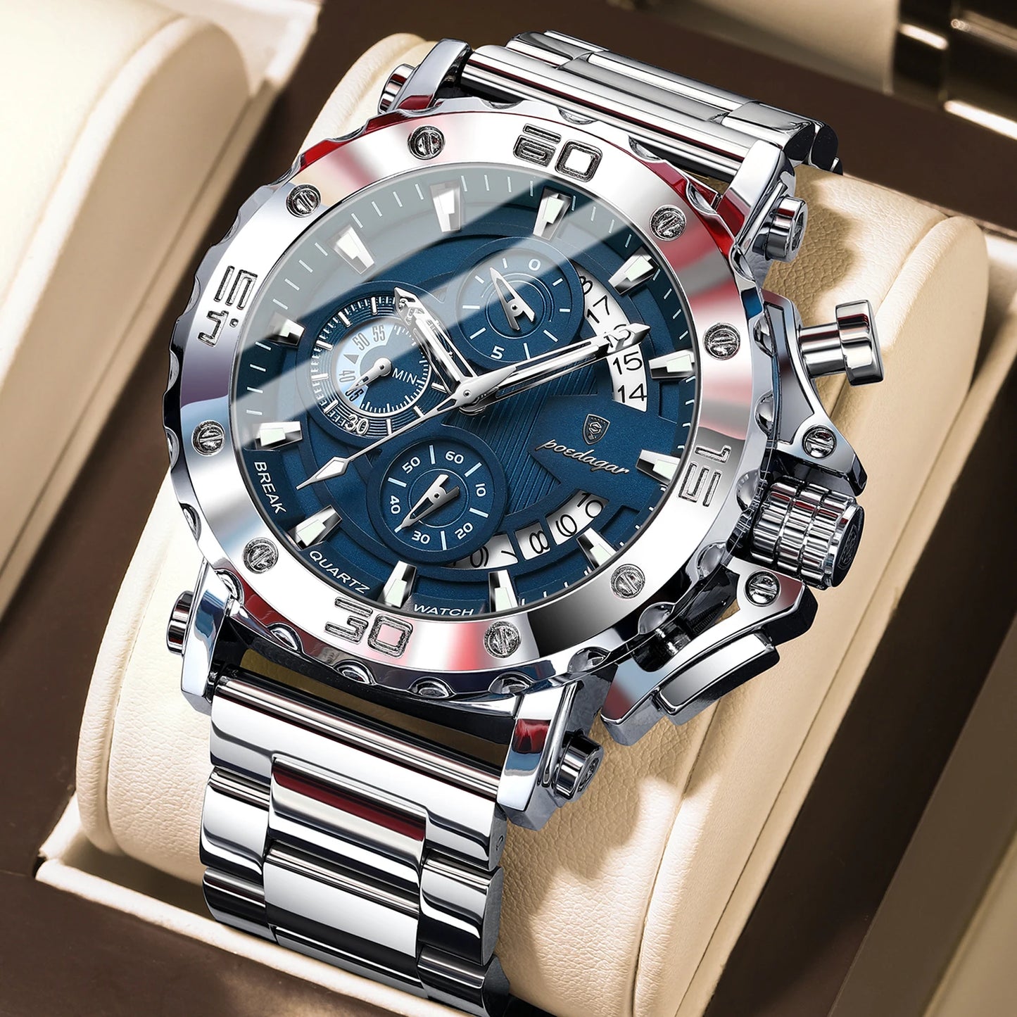 ⌚ POEDAGAR 892 – Montre Chronographe de Luxe pour Homme en Acier Inoxydable