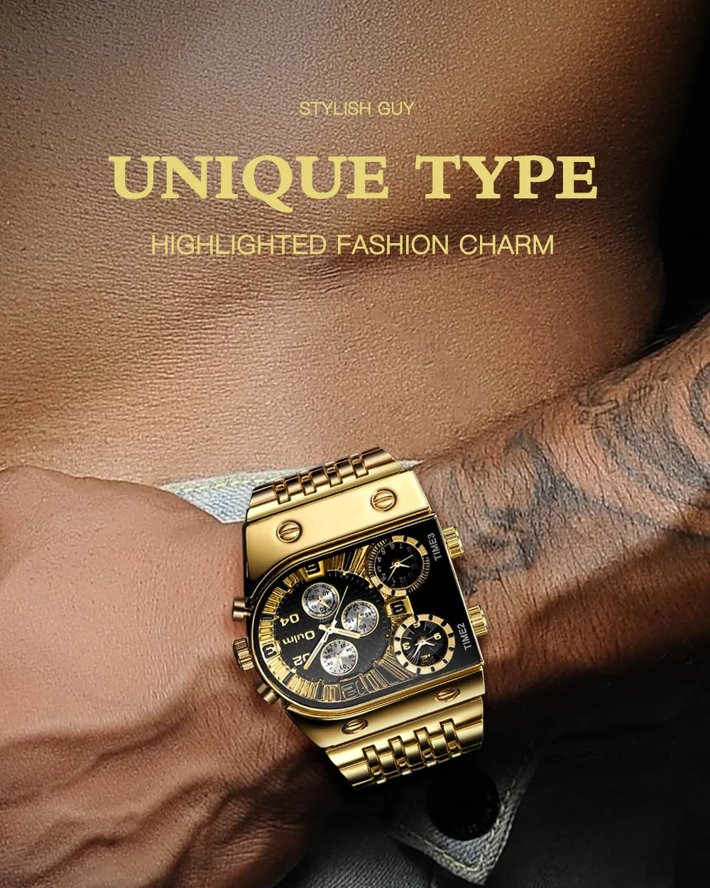 ⌚ Montre Oulm Unique – Design Carré Doré, Multi-Fuseaux Horaires & Style Militaire