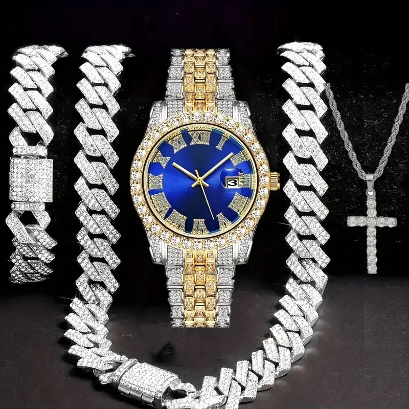 💎 Ensemble Luxe 4 Pièces Homme – Montre Bling & Chaîne Cubaine | RUNERR Edition