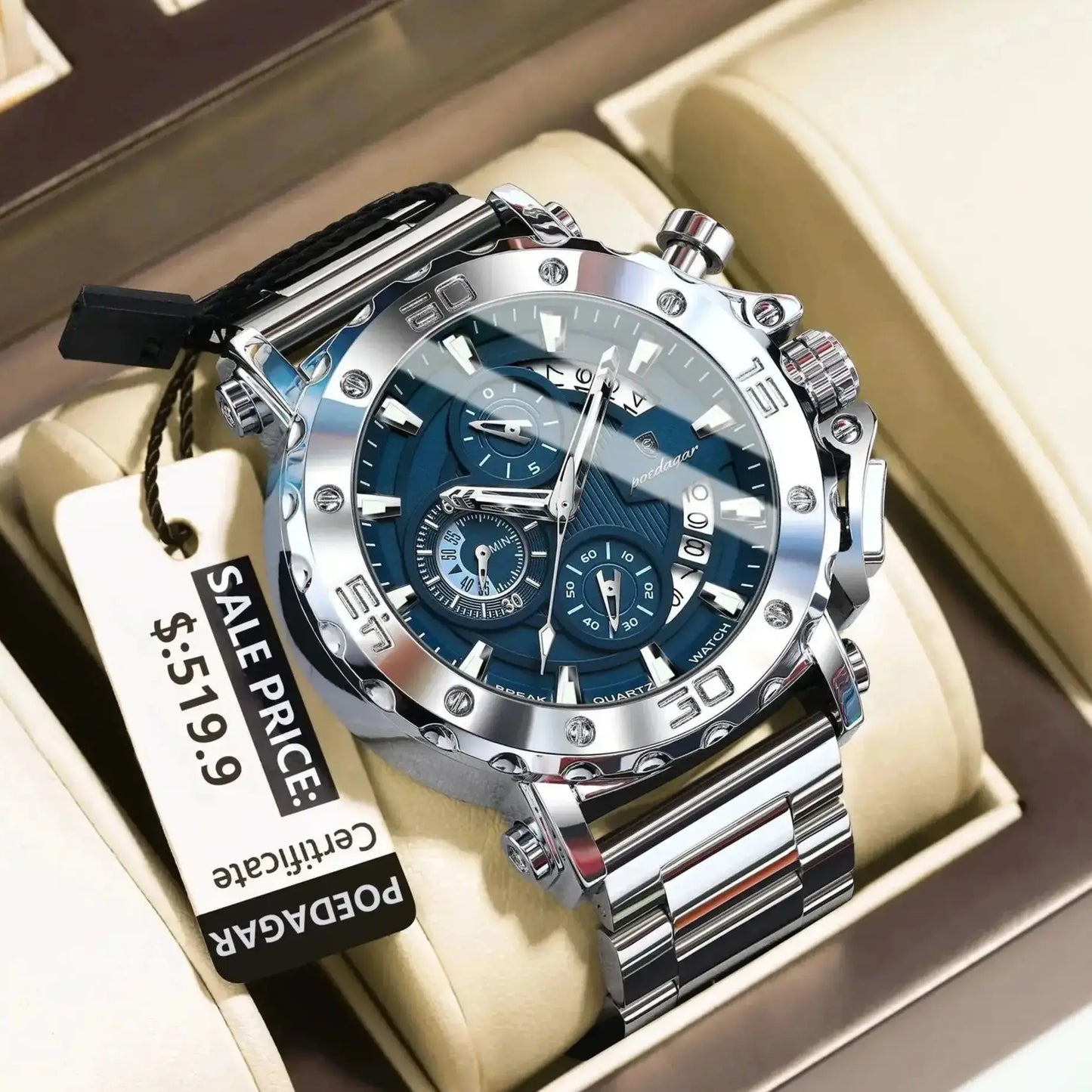 ⌚ POEDAGAR 892 – Montre Chronographe de Luxe pour Homme en Acier Inoxydable