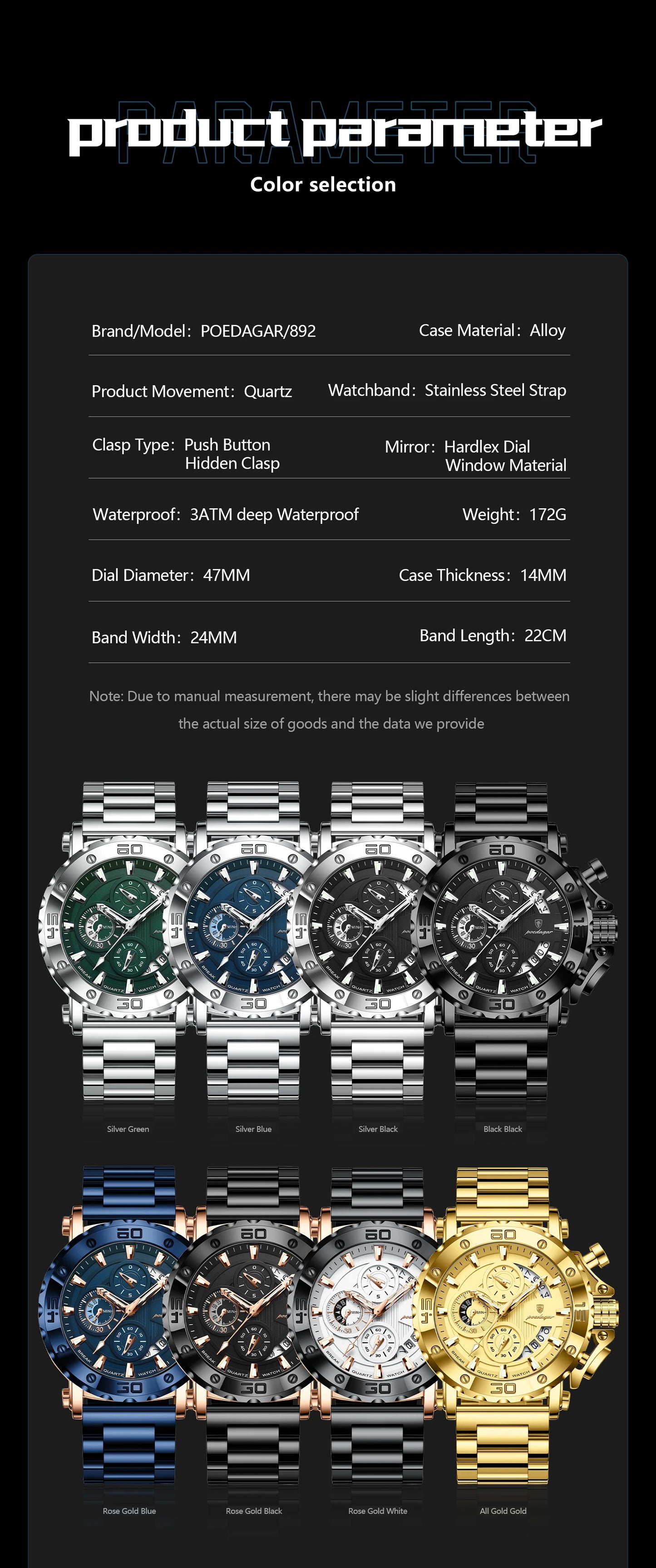 ⌚ POEDAGAR 892 – Montre Chronographe de Luxe pour Homme en Acier Inoxydable