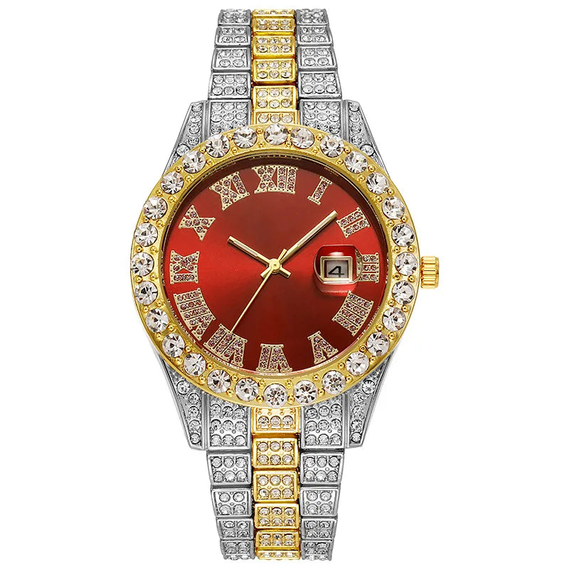 💎 Montre Homme Hip-Hop de Luxe – Acier Inoxydable Doré & Strass Brillants | TVK W1508