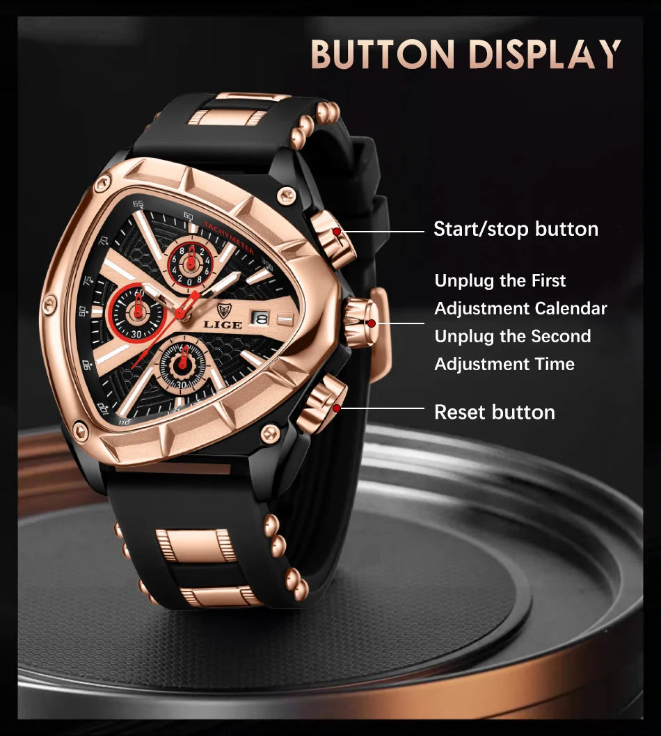 ⏱️ Montre Homme LIGE LG89103 – Design Triangulaire, Chronographe & Style Militaire Sport