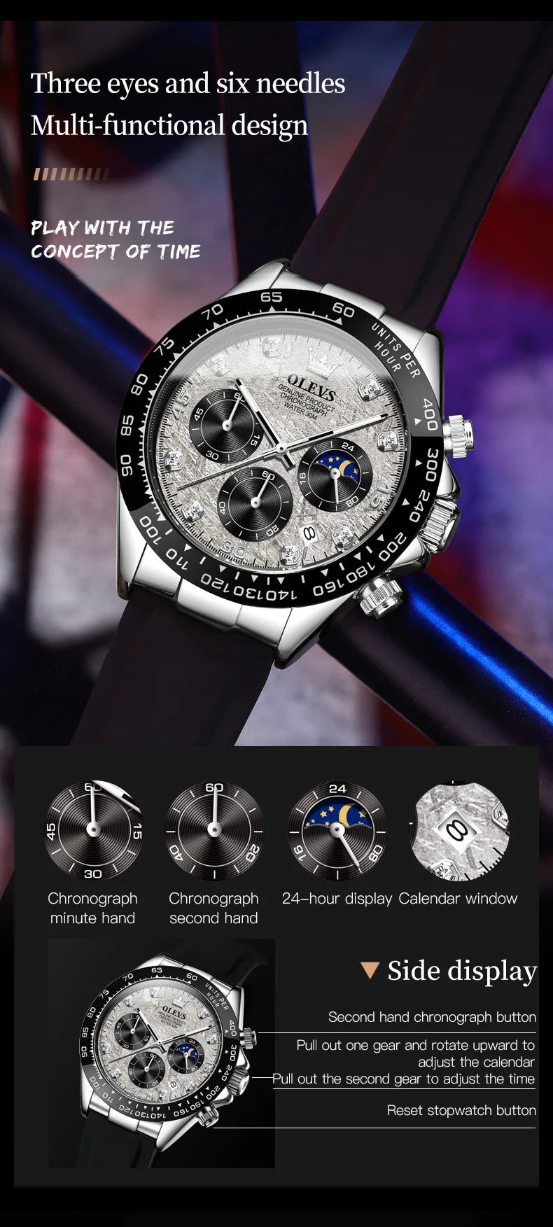 🌙 Montre Homme OLEVS 2875 – Chronographe de Luxe à Phase de Lune