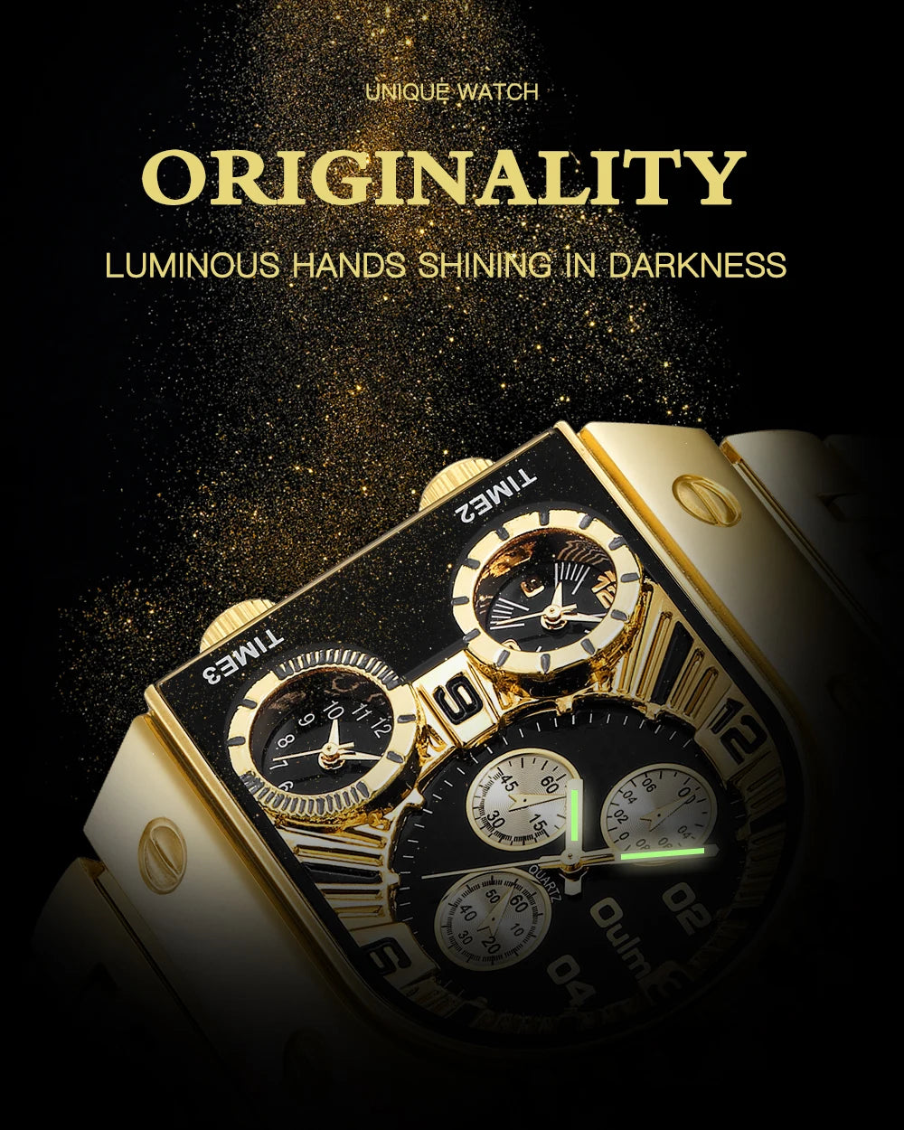 ⌚ Montre Oulm Unique – Design Carré Doré, Multi-Fuseaux Horaires & Style Militaire