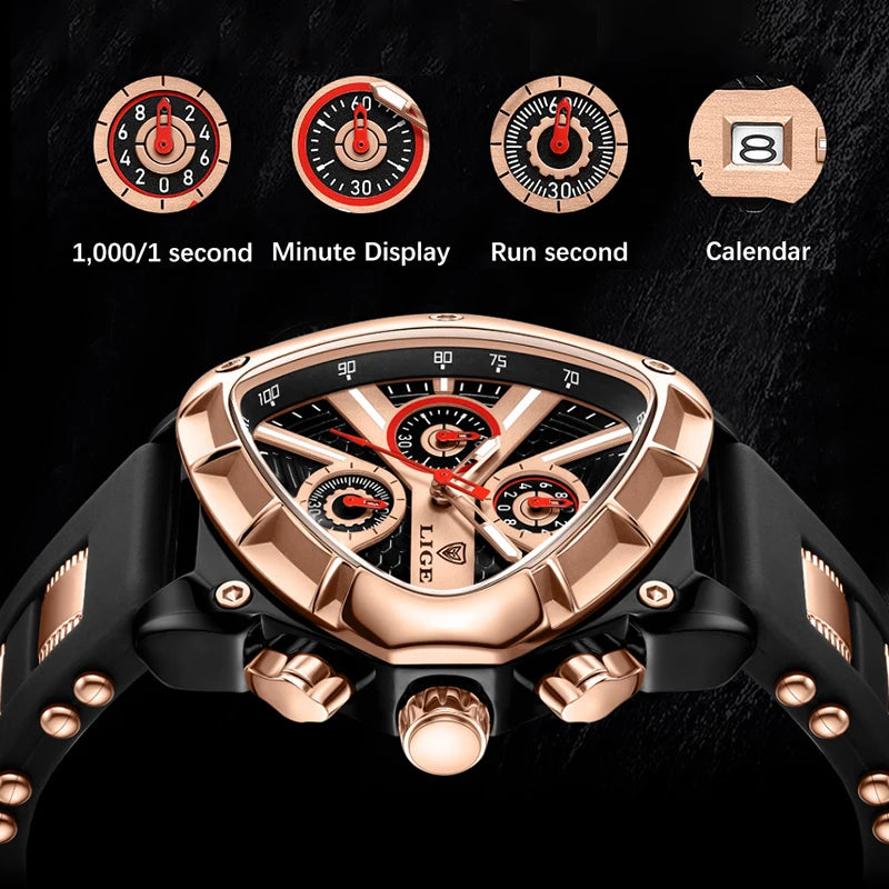 ⏱️ Montre Homme LIGE LG89103 – Design Triangulaire, Chronographe & Style Militaire Sport