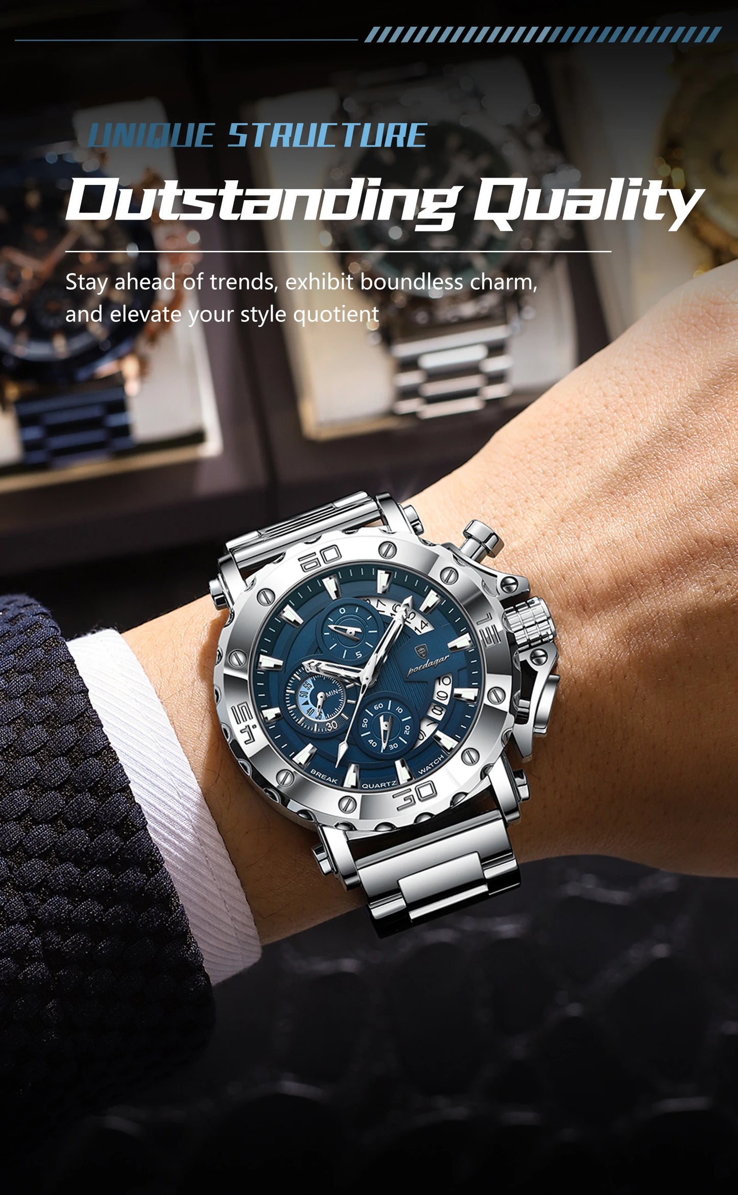 ⌚ POEDAGAR 892 – Montre Chronographe de Luxe pour Homme en Acier Inoxydable