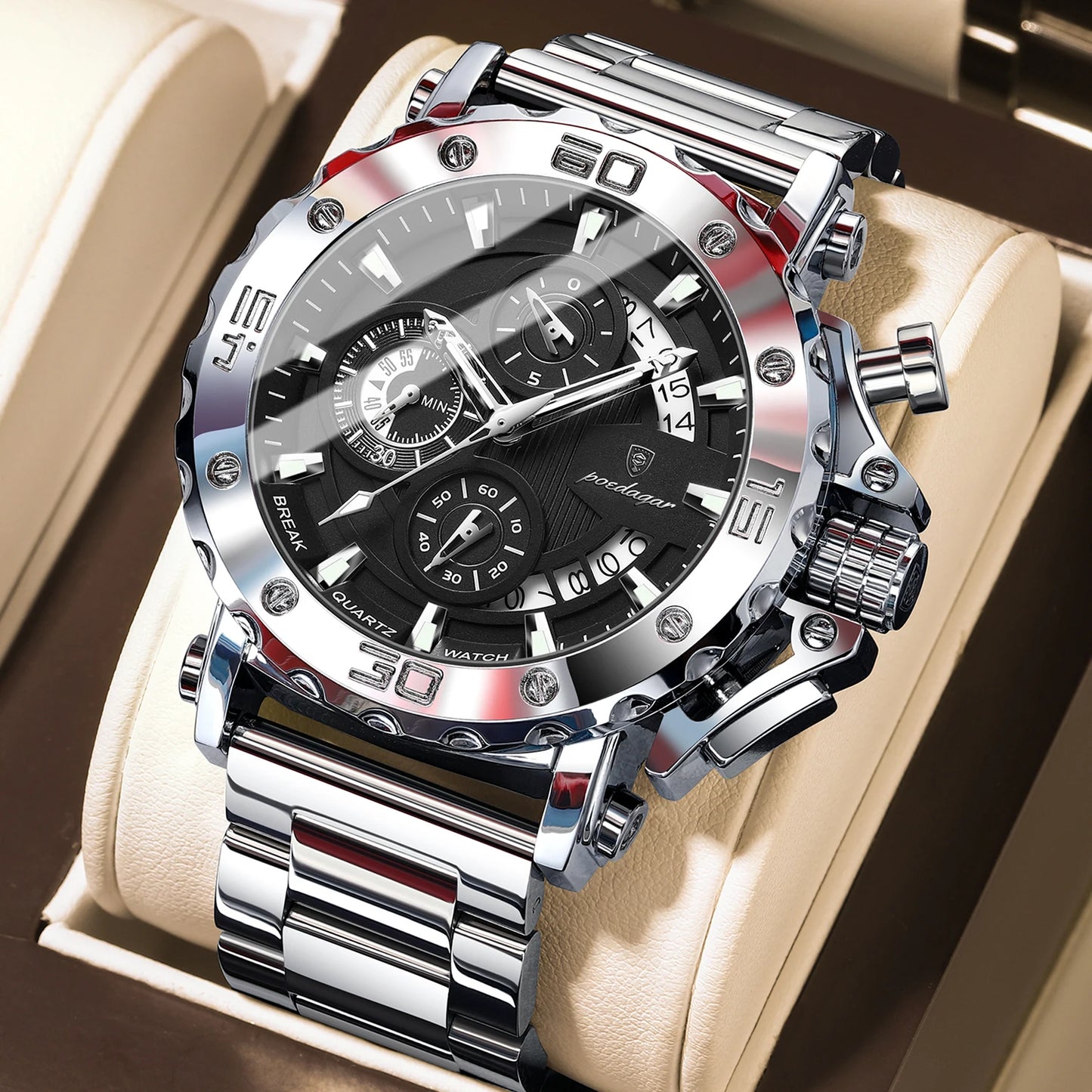 ⌚ POEDAGAR 892 – Montre Chronographe de Luxe pour Homme en Acier Inoxydable
