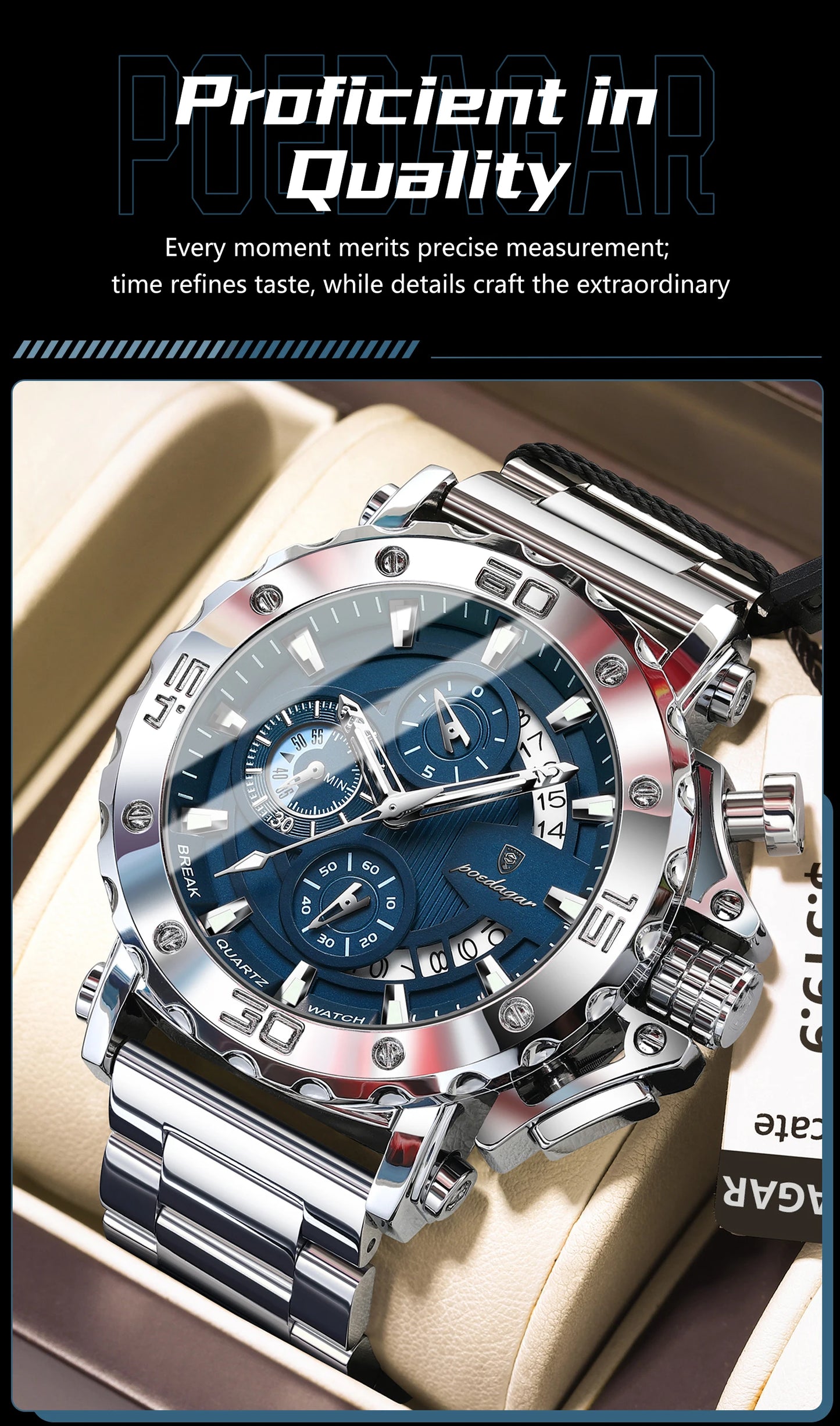 ⌚ POEDAGAR 892 – Montre Chronographe de Luxe pour Homme en Acier Inoxydable