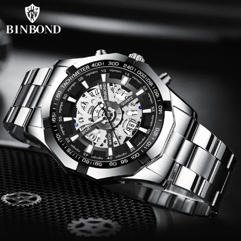 ⌚ BINBOND S033 – Montre Homme de Luxe en Acier Inoxydable Bleue & Étanche