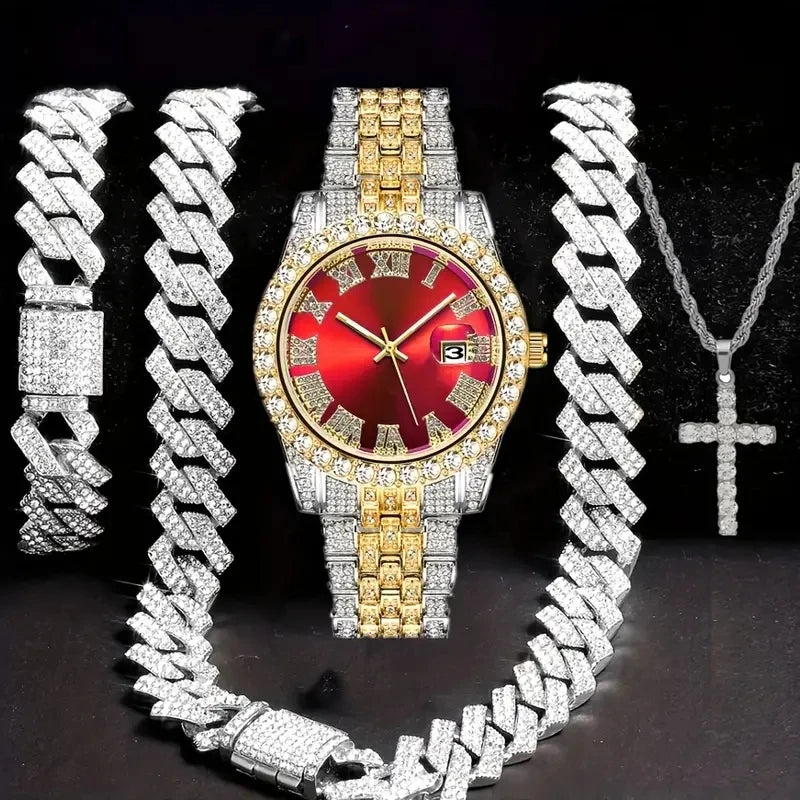 💎 Ensemble Luxe 4 Pièces Homme – Montre Bling & Chaîne Cubaine | RUNERR Edition