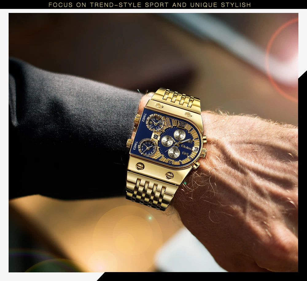 ⌚ Montre Oulm Unique – Design Carré Doré, Multi-Fuseaux Horaires & Style Militaire