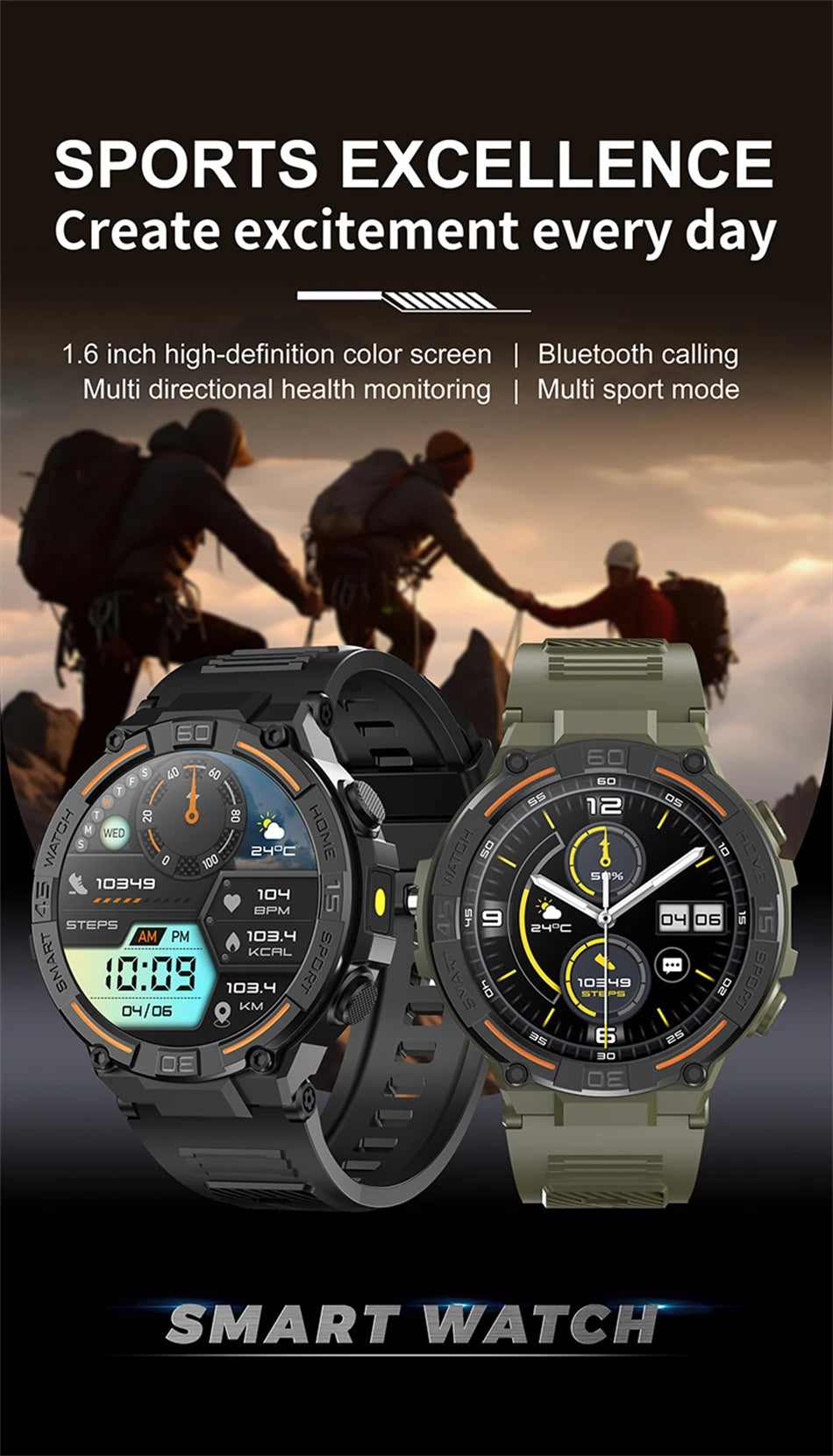 ⌚ ChiBear Military Outdoor Smartwatch – Montre Connectée Tactique GPS & LED pour Hommes