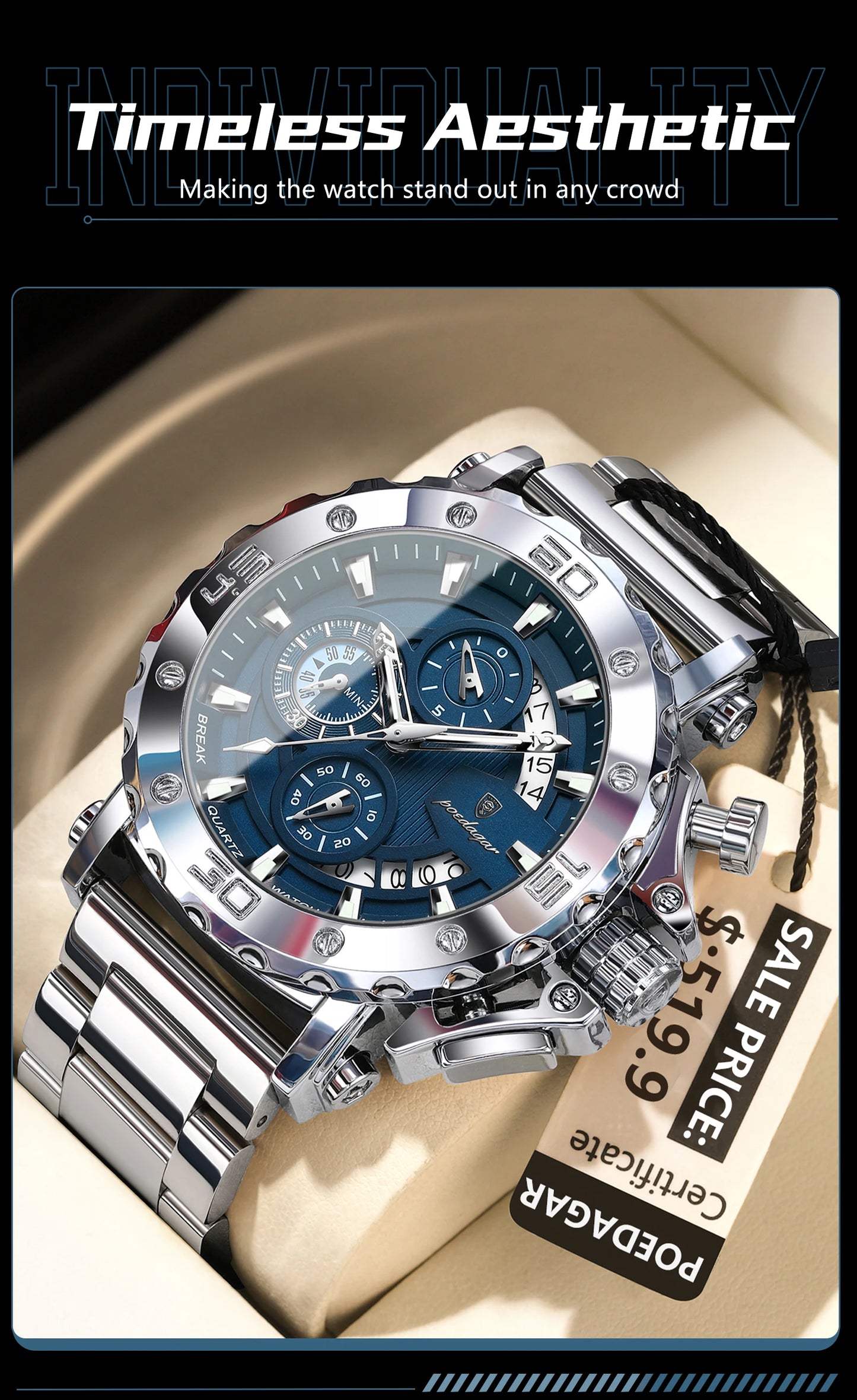 ⌚ POEDAGAR 892 – Montre Chronographe de Luxe pour Homme en Acier Inoxydable