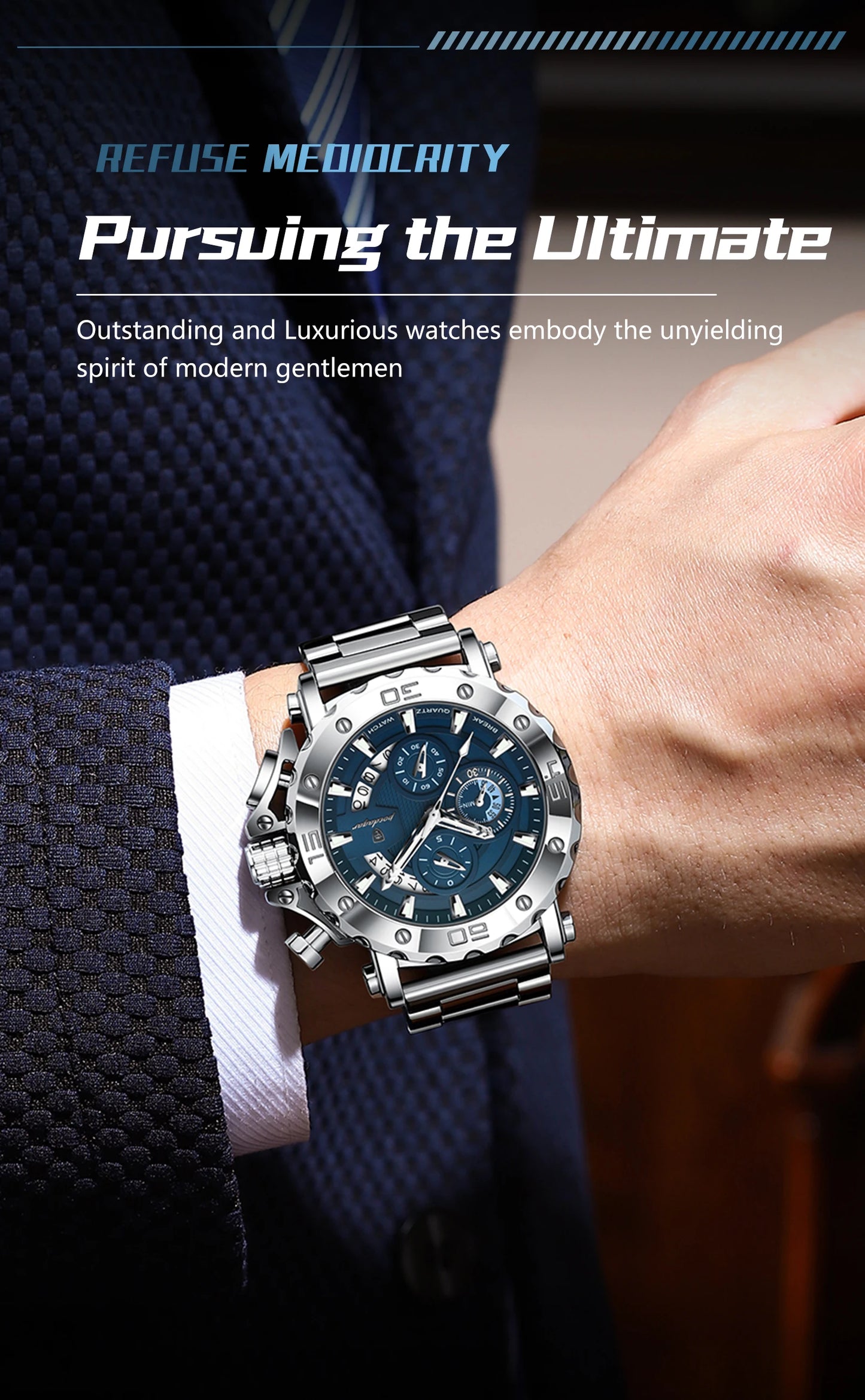 ⌚ POEDAGAR 892 – Montre Chronographe de Luxe pour Homme en Acier Inoxydable