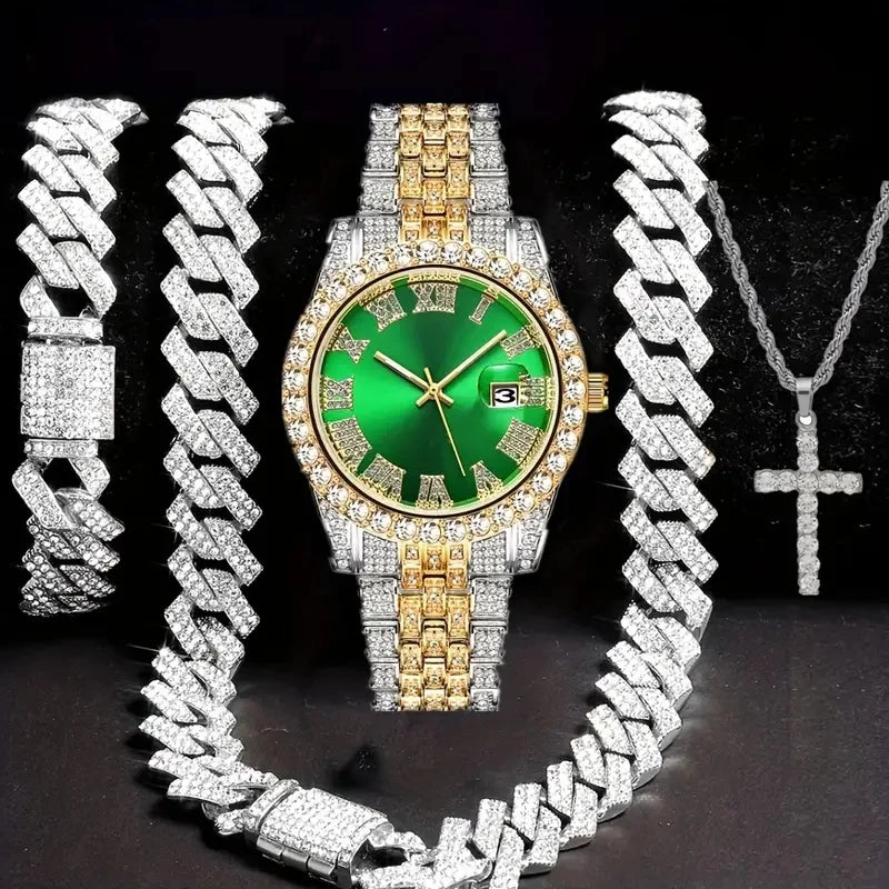 💎 Ensemble Luxe 4 Pièces Homme – Montre Bling & Chaîne Cubaine | RUNERR Edition