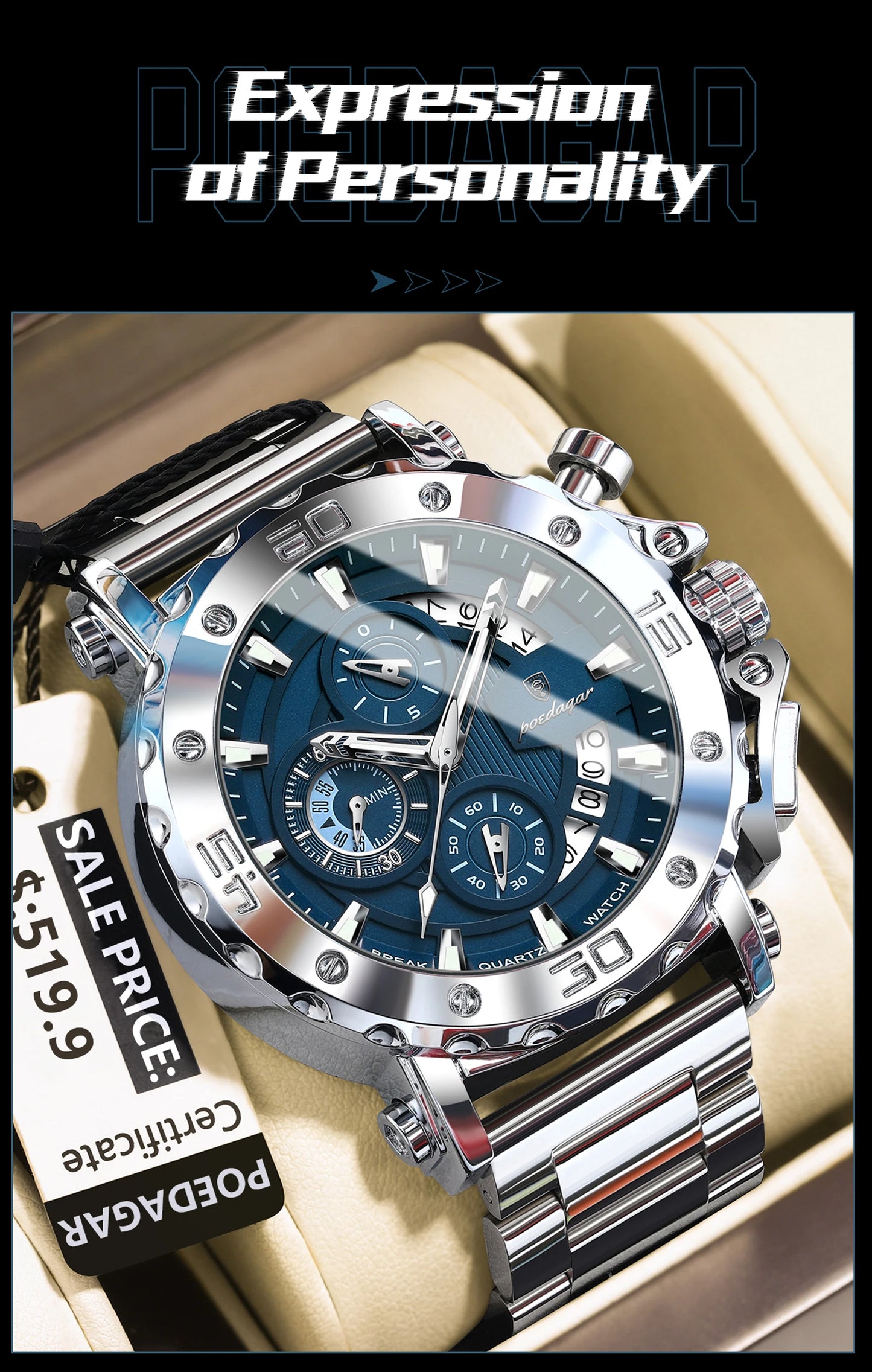 ⌚ POEDAGAR 892 – Montre Chronographe de Luxe pour Homme en Acier Inoxydable