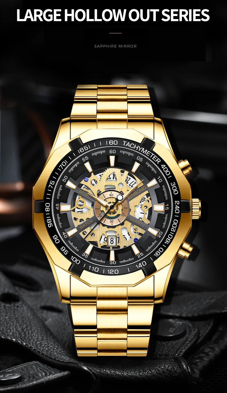 ⌚ BINBOND S033 – Montre Homme de Luxe en Acier Inoxydable Bleue & Étanche