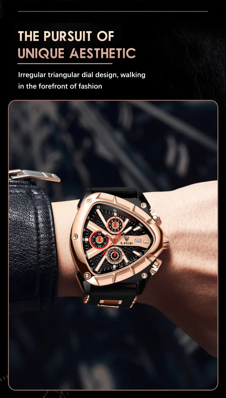 ⏱️ Montre Homme LIGE LG89103 – Design Triangulaire, Chronographe & Style Militaire Sport