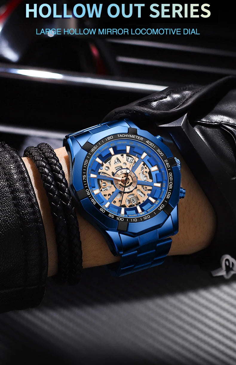 ⌚ BINBOND S033 – Montre Homme de Luxe en Acier Inoxydable Bleue & Étanche