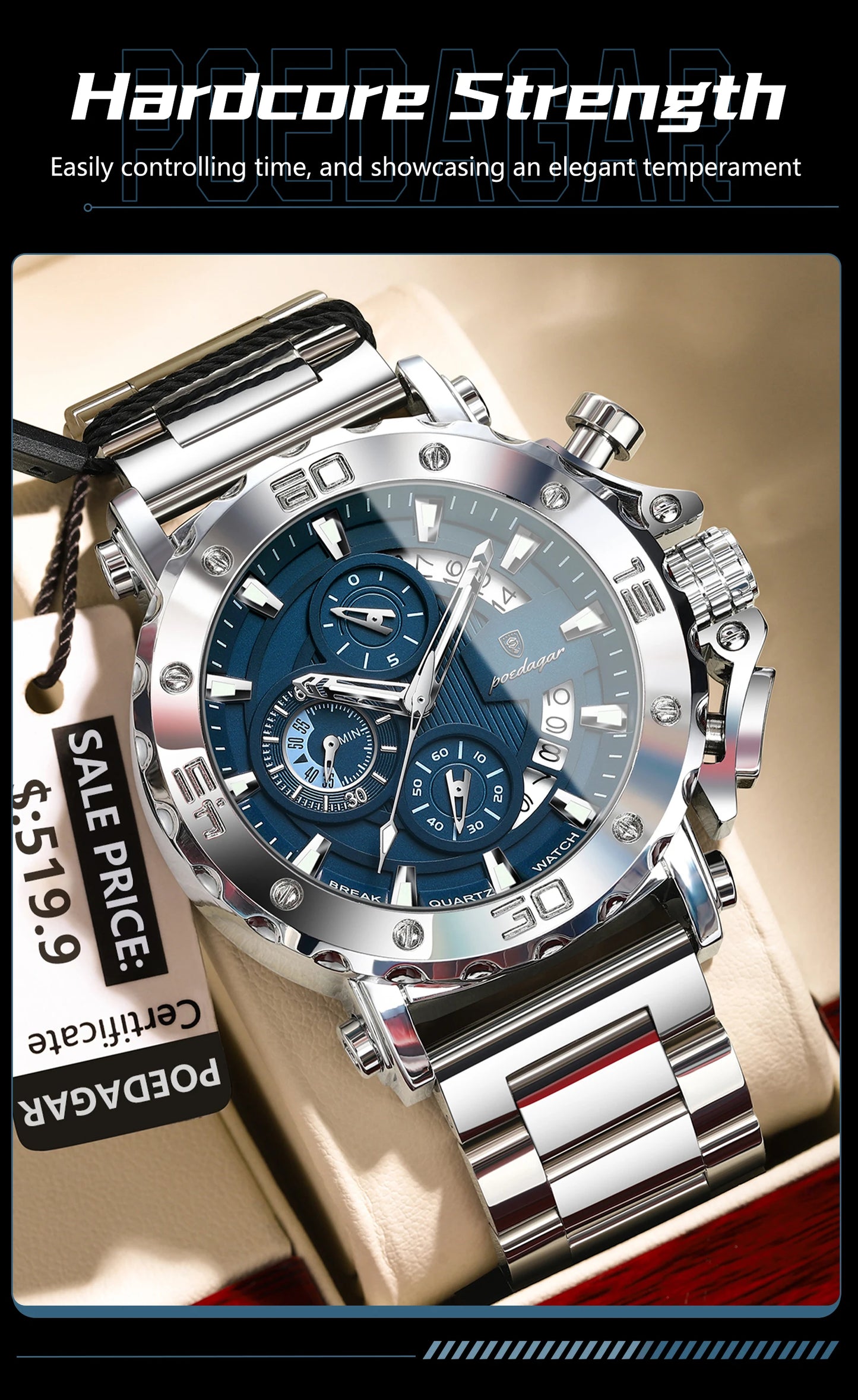 ⌚ POEDAGAR 892 – Montre Chronographe de Luxe pour Homme en Acier Inoxydable