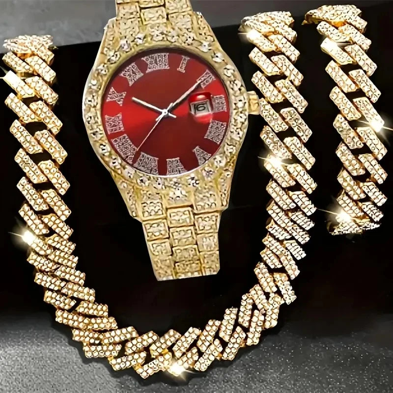 💎 Ensemble Luxe 4 Pièces Homme – Montre Bling & Chaîne Cubaine | RUNERR Edition