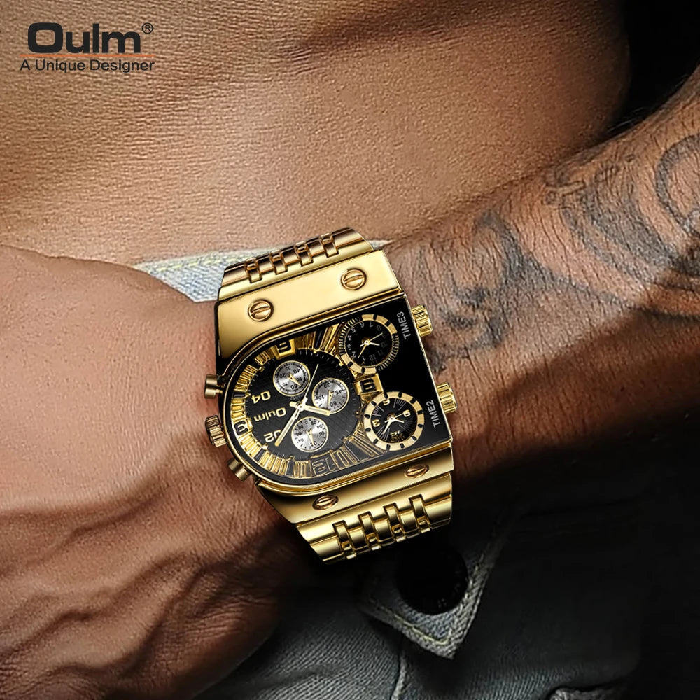 ⌚ Montre Oulm Unique – Design Carré Doré, Multi-Fuseaux Horaires & Style Militaire