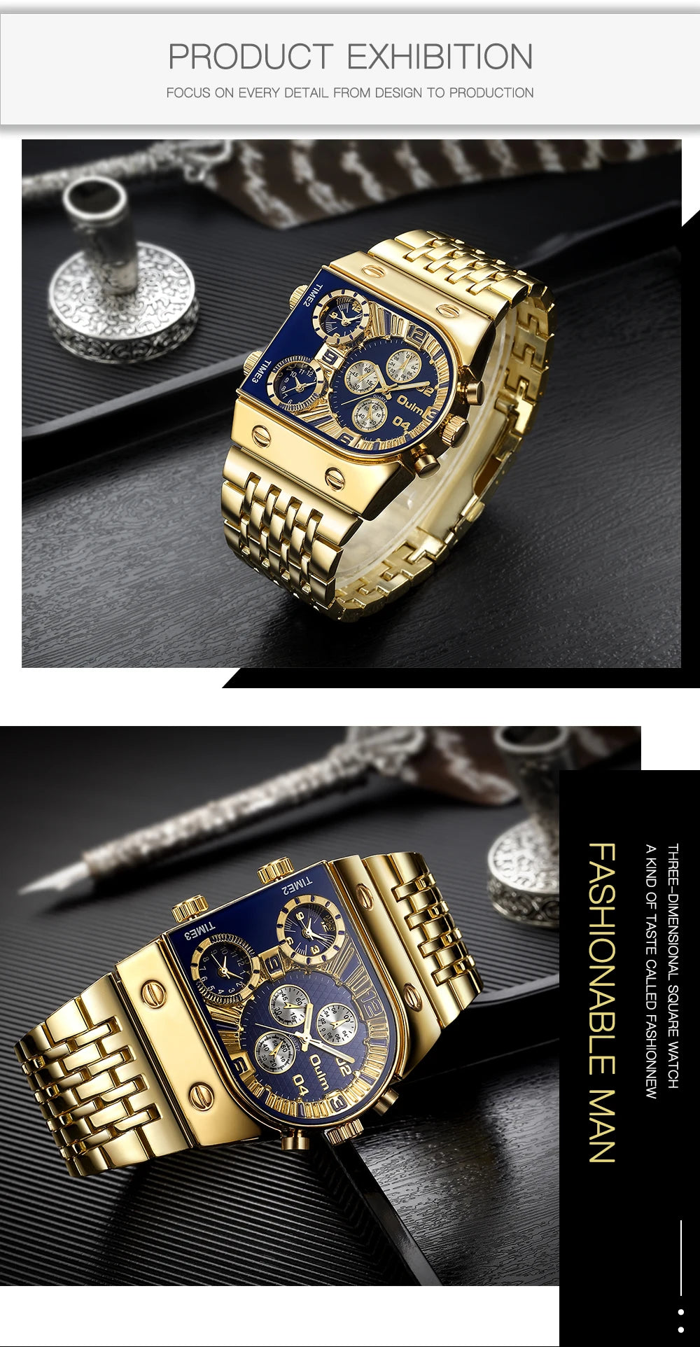 ⌚ Montre Oulm Unique – Design Carré Doré, Multi-Fuseaux Horaires & Style Militaire