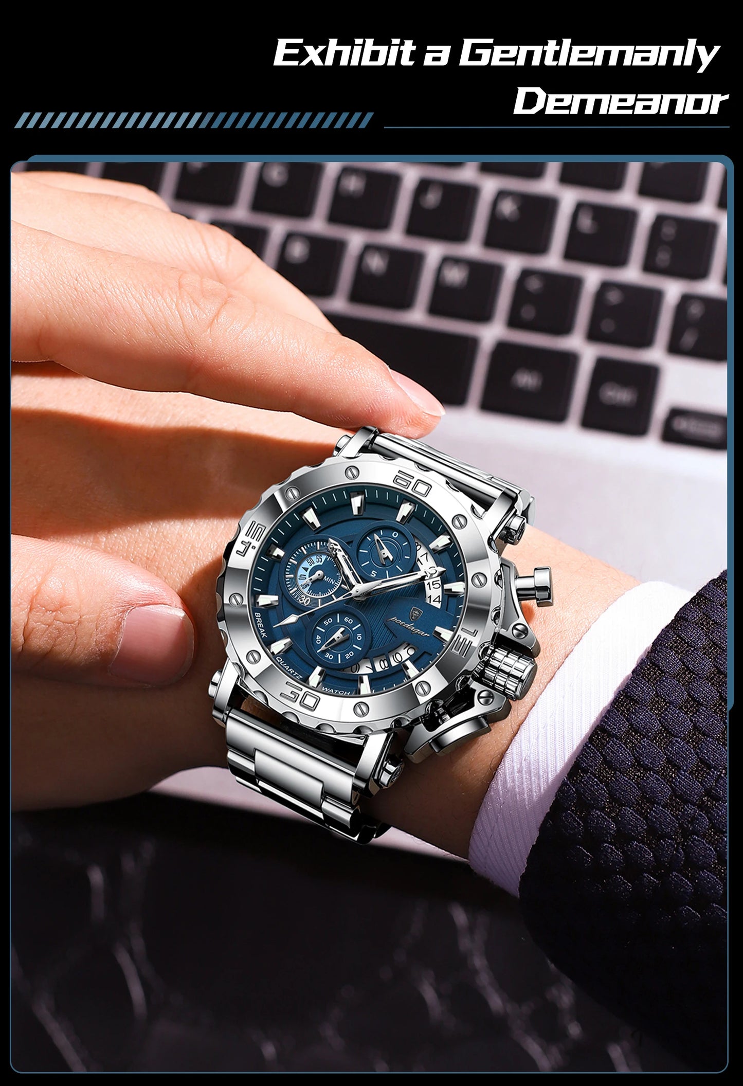 ⌚ POEDAGAR 892 – Montre Chronographe de Luxe pour Homme en Acier Inoxydable