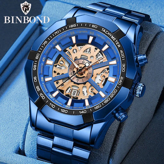 ⌚ BINBOND S033 – Montre Homme de Luxe en Acier Inoxydable Bleue & Étanche