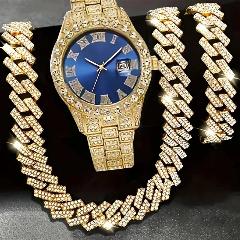 💎 Ensemble Luxe 4 Pièces Homme – Montre Bling & Chaîne Cubaine | RUNERR Edition